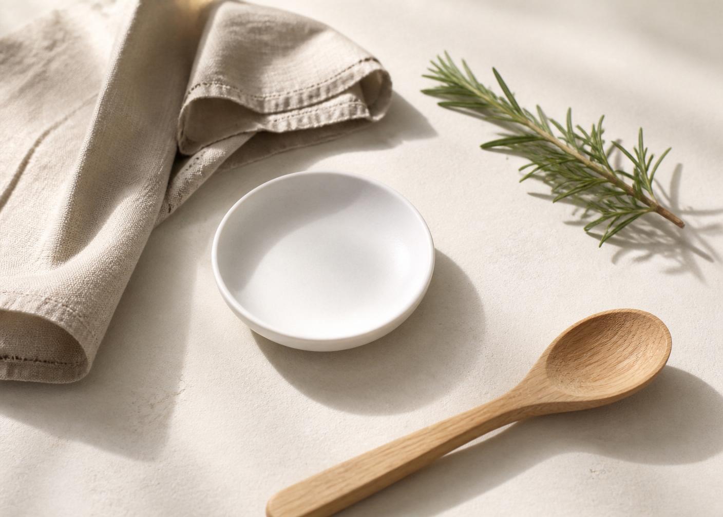 A small ceramic dish, linen napkin and wooden spoon in soft natural light
